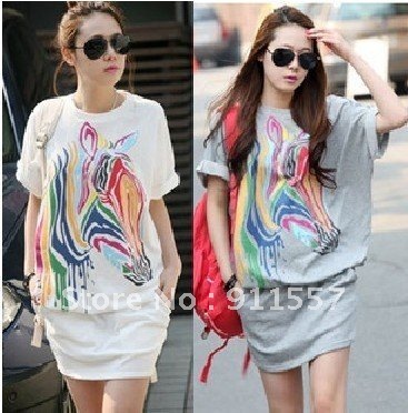 Free Shipping Womens Loose Colorful Zebra Round Neck Short Sleeve Shirt Dress Skirt  #C0011