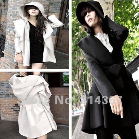 Free Shipping Womens No Button Hooded Coat Jacket Outerwear Dress Style Top With Belt WF-0100