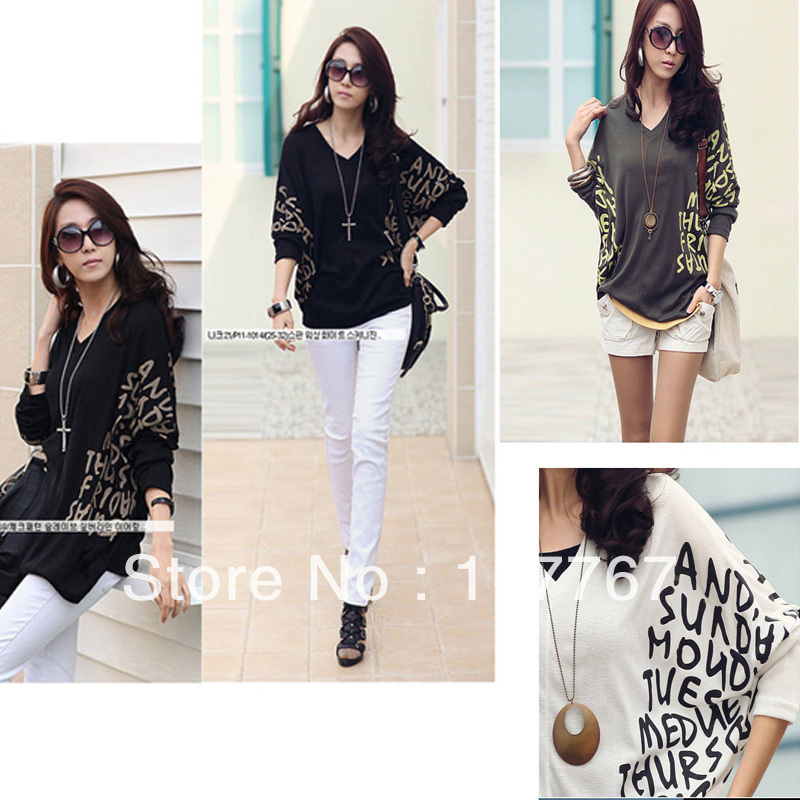 Free Shipping Womens V-Neck Letter Prints Batwing Casual Dolman Loose Tops Blouses T-Shirts 650524-650526