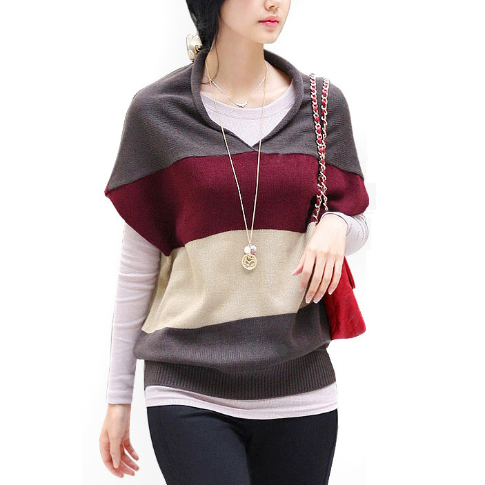 FREE SHIPPING Wood 21012 autumn women's short-sleeve sweater outerwear batwing shirt plus size stripe knitted sweater