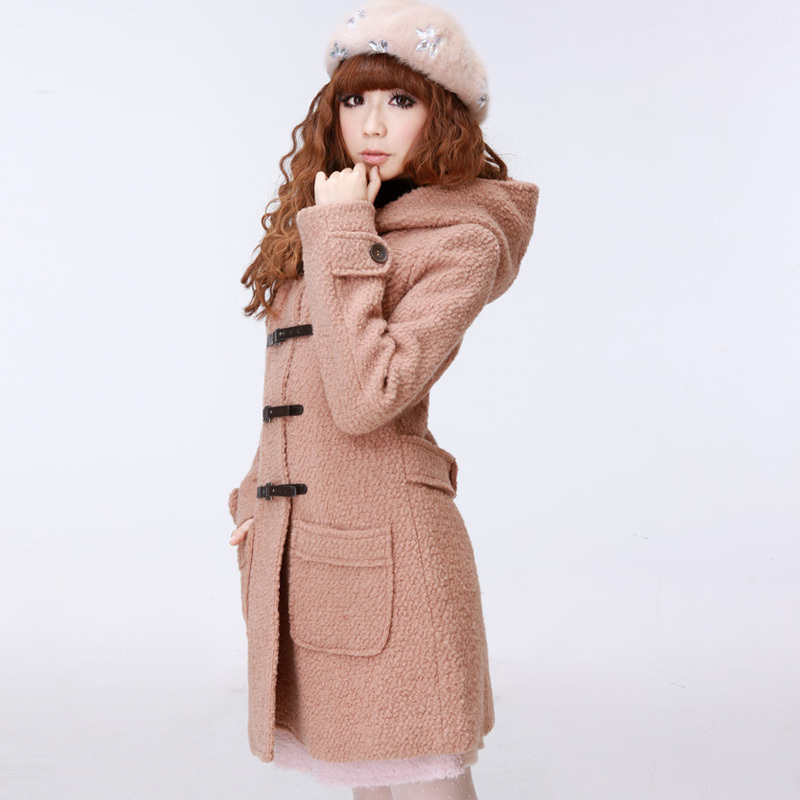 Free shipping Woolen outerwear women's sweet elegant with a hood leather buckle on wool coat