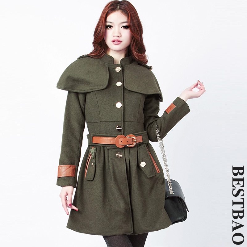 free shipping Woolen overcoat leather slim british style belt bestbao female 9142