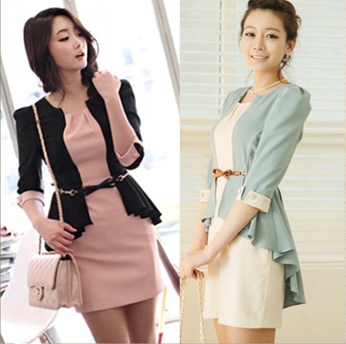 Free shipping work wear OL outfit faux two piece set slim great quality half sleeve one-piece dress autumn and spring 2013