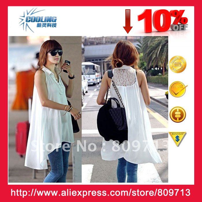 Free shipping write blouses for women 2012 sleeveless turn-down collar long shirts fashion lace summer loose tops