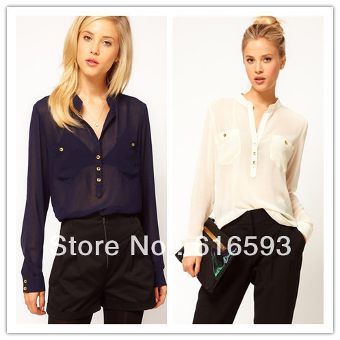 Free Shipping x204 2013 Spring Stand Collar V-neck Button Pockets Transparent Fashion Lead European Style Chiffon Blouse