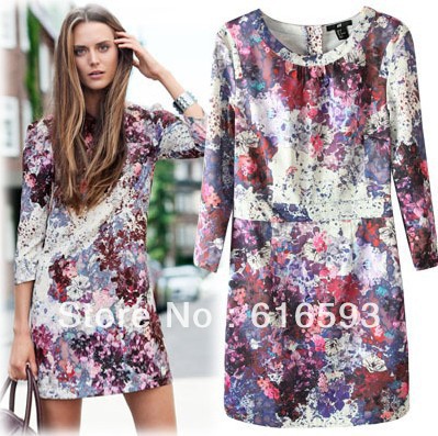 Free Shipping X901 European Style Flower Printing Sweet Brief Style Round Collar Zipper Back Straight A-line Dress