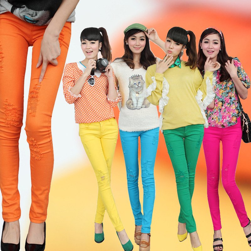 Free shipping Xiaxin hole elastic candy color multicolour beggar pants pencil pants skinny pants jeans