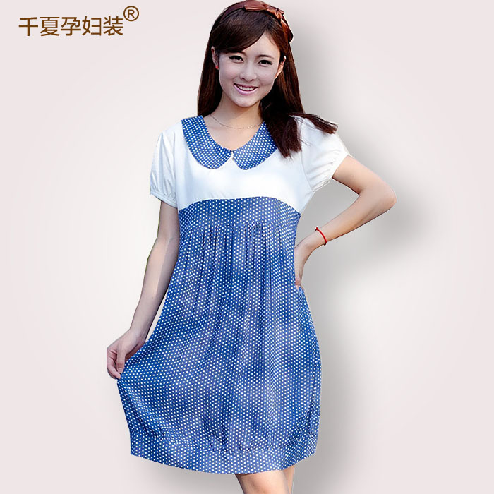 Free Shipping Yf summer maternity clothing clothes fashion peter pan collar polka dot 100% cotton loose short-sleeve dress