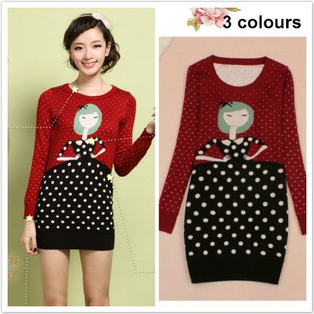 Free shipping-young ladies' sweater o-neck lovely princess pattern dot thickening loose winter garment 3colors free size