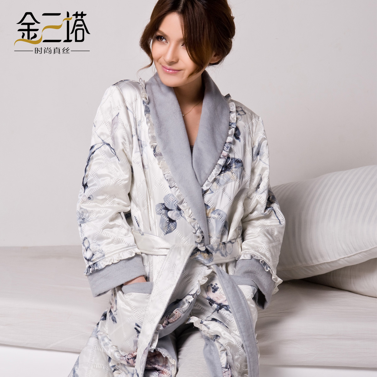 free shipping Ysw0102 elegant silk ink print cotton-padded robe ysw0102