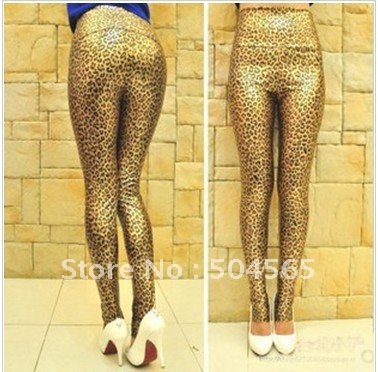 Free Shipping Za-02,2012 New Women Gold Leopard PU Leather Leggings,Lady Fashion Pants,High-waist Legging/Tights,Legging Bsk