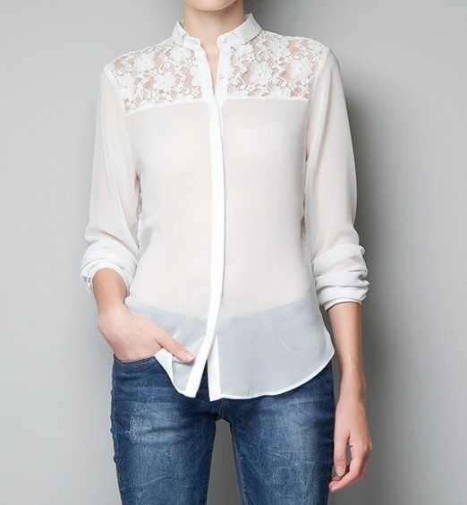 Free shipping za style new spring fashion elegant white lace decoration for women chiffon shirt/ slim full sleeve lady blouse