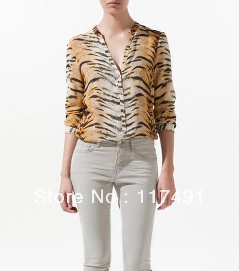 free shipping zar* 2013 brand name tops Retro tiger pattern blouse stand-up collar long-sleeved leopard woman OL shirt ft090