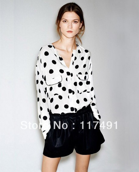 free shipping zar* 2013 fashion lady Round neck wave point long-sleeved chiffon shirt dot fashion shirt Pocket decoration ft075