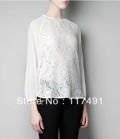 free shipping zar* 2013 new Super beautiful woman chiffon lace long-sleeved shirt round neck hedging h*m aso* white blouse ft110