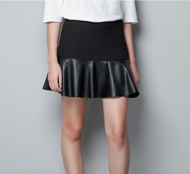 free shipping zar* 2013 spring lady/woman/female Elegant and sexy stacked mini PU leather skirt  stitching Pompon skirts ft186