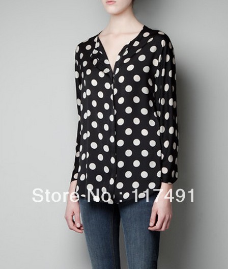 free shipping zar* round neck big wave point long-sleeved blouses OL lady style black white polka dot print elegant shirt ft205