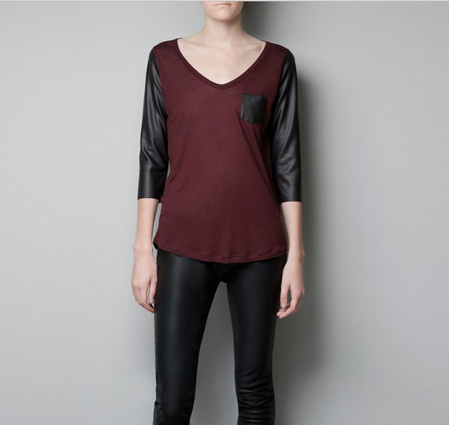 free shipping zar* woman/lady elegant casual New fashion PU leather sleeves and pocket stitching T-shirt ft177