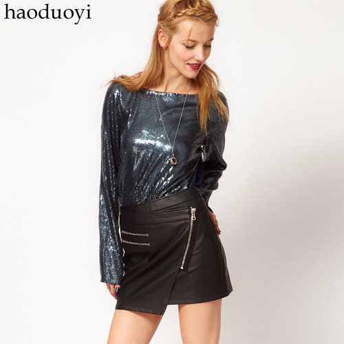 Free shipping Zipper decoration black leather motorcycle leather skirt oblique zipper decoration irregular leather skirt 6 size