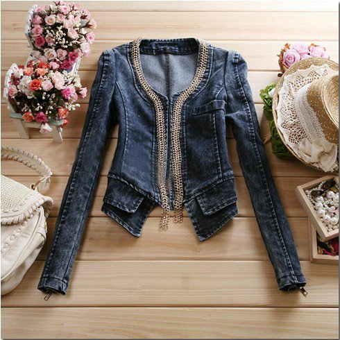 Free Shipping Zipper Long Sleeve Vintage Denim Jacket Chain Ornament Short Cowboy Jean Coat