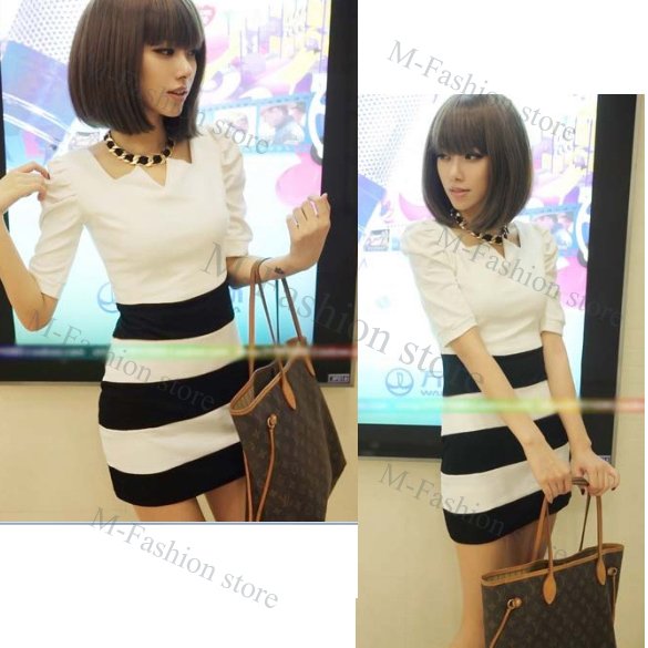 Free Shipping2012 Fashion new Hot Women Korea Stripes Puff Sleeve Spliced Mini Dress Free Shipping free shipping 2764