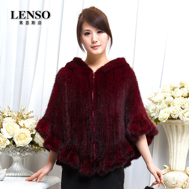 Free shipping2012 new arrival cloak Women hooded mink knitted cape leather coat