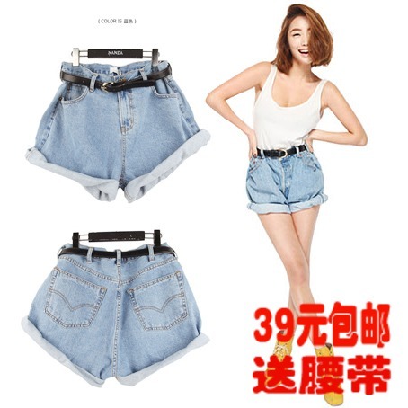 Free shipping2013Sty nda single-shorts fashion vintage high waist denim shorts roll-up hem loose plus size female spring