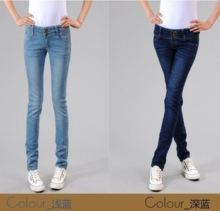 Free shipping2102  tight buttons high waist jeans female skinny pants pencil pants casual pants deep blue sky blue woman