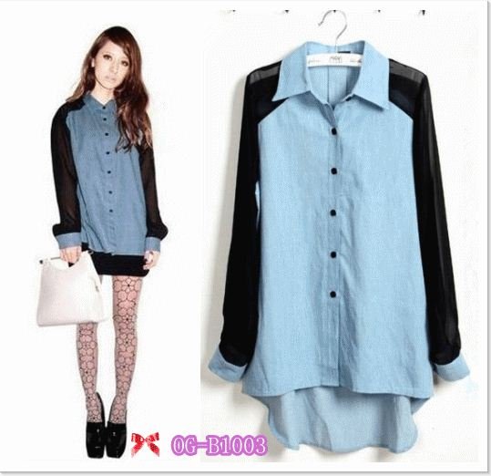 Free shippingcowboy style 2012 Popular chiffon and jean casual shirts fashion shirts, woman jean blouses, 2 colors M, L size