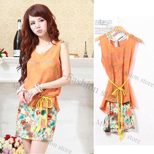 free shippingDelicate Crew Neck Sleeveless Big Flower Two-Piece Chiffon Top +Cotton Strap fashion ladies'Dress Free Belt 4826