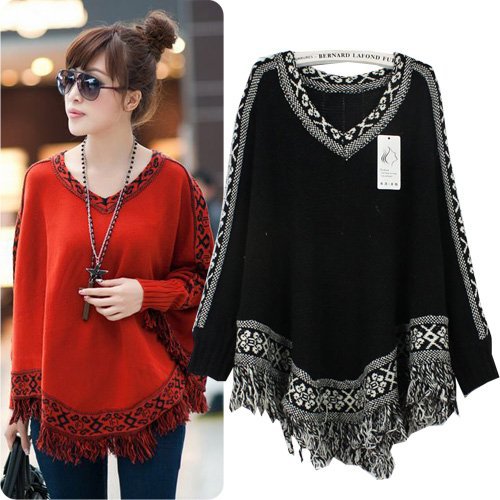 Free shippingHot Sale Autumn/Winter Fashion Vitange Tassels Batwing Sleeve Oversized Sweaters Poncho For Women D8041