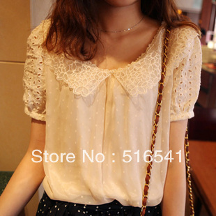 Free shippingKaka 2013 summer clothing new embroidery hollow sleeve lapel lace female models beige chiffon shirt blouses