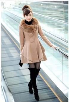 Free Shippingnew Women Slim V-shaped Artificial Leather Woolen Overcoat Long Coat BM1011