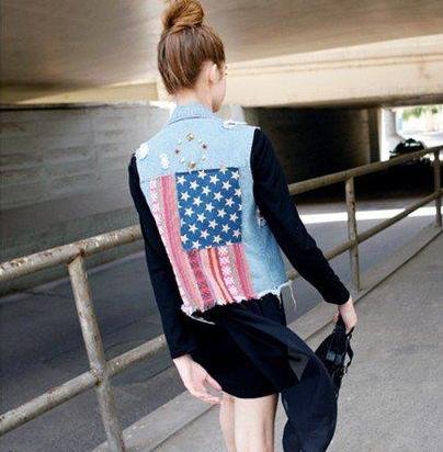 free shippingRetro mixed colors Cowboy Womens Denim Vest Ladies Chic Jean Waistcoat Jacket,Rivet hole,the five stars flag,,c1139