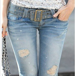 Free shippingThe hole in the small feet high stretch denim pencil pants female was thin b482 of