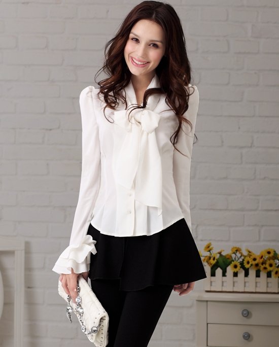 Free Shippping 2012 Spring New Arrival Hot Sale Korea Style Lady Slim Long Sleeve Bow Collar  Blouse S M L XL XXL in 2 Colors