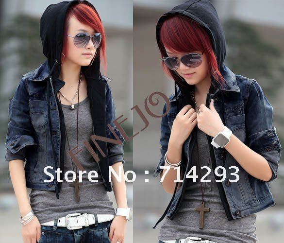 Free shippping, women's cool and charing Hoodie Jeans Jacket with cap,fake 2 pcs style dark blue color 7587