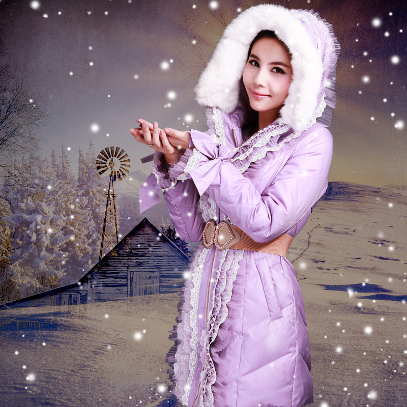 Free shoping, down & parkas ,2012 new thick warm women's Rabbit fur tie cap medium-long princess down coat  ,Hot sale!