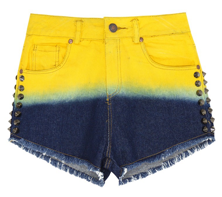 Free  shoping   Fashion yellow tie-dyed rivets denim shorts. TB 3082