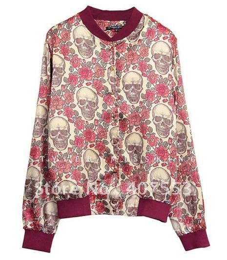 Free shoping Skull retro rivet rose leopard print baseball uniform coat jacket.Baseball Jacket