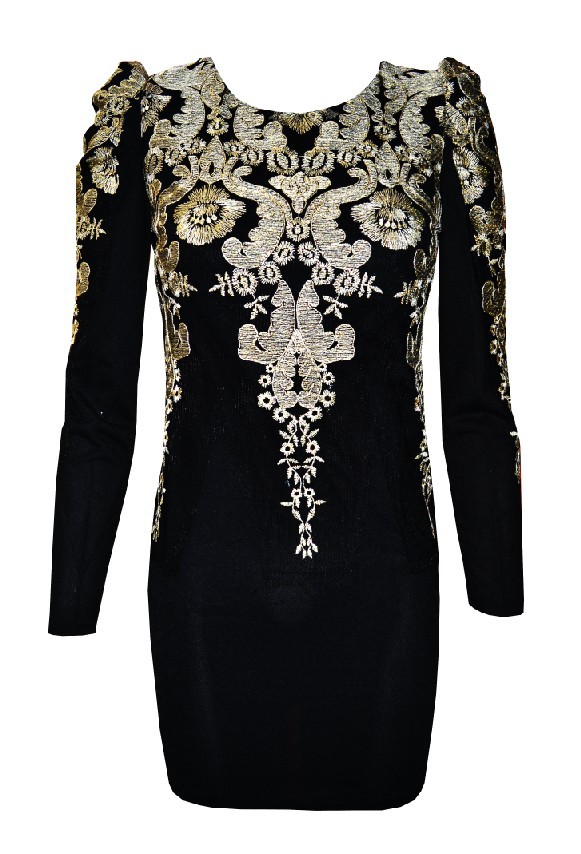 Free  shoping  Woman fashion gold Embroidered Vintage Puff Sleeve Dress TB 2273