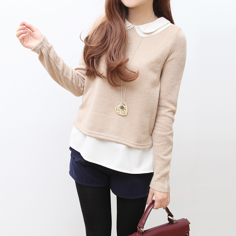 Free shopping 022055 autumn and winter 2012 female double layer peter pan collar faux two piece chiffon patchwork sweater