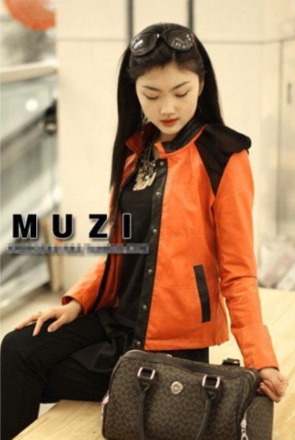 Free Shopping!2012 Autumn New Fashion Womens Korean Chiffon Patchwork Puff Sleeve Top PU Leather Jacket  Short Coat P10-Orange