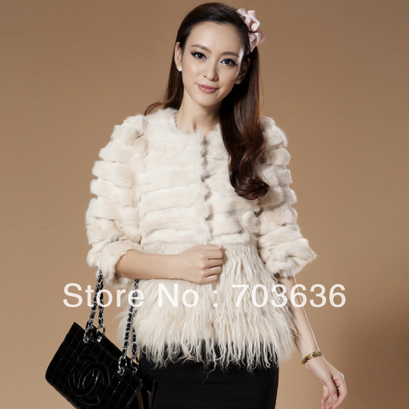 Free shopping 2012 rabbit fur tanhuang wool o-neck fifth sleeve fur coat Women