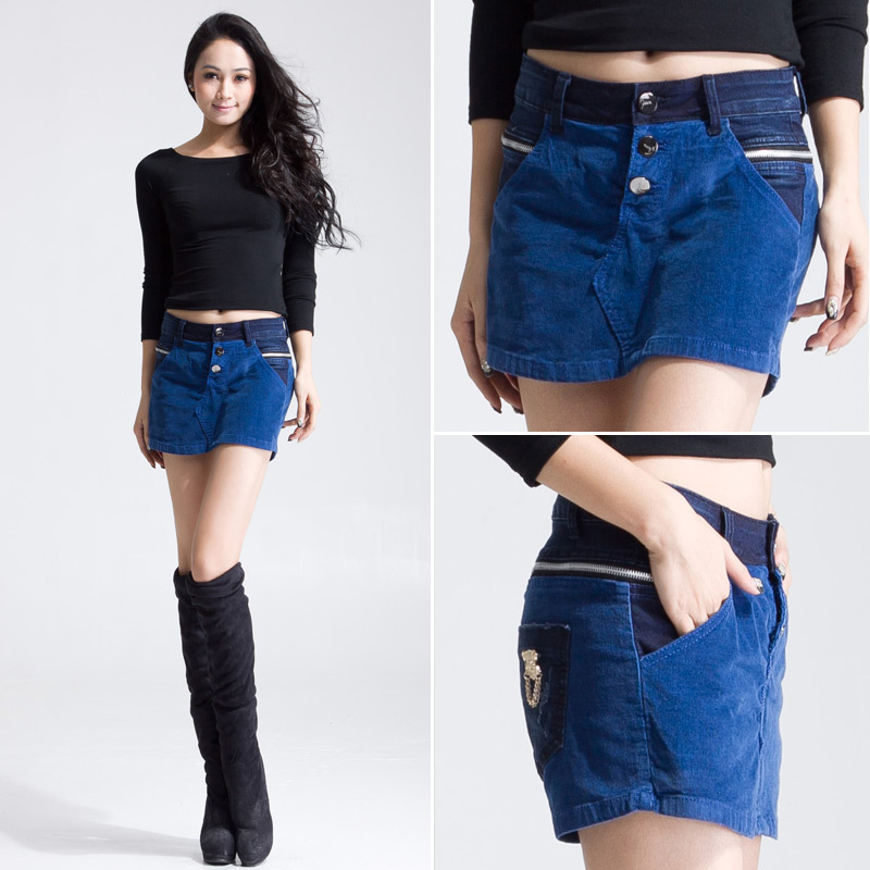 Free shopping 2013 spring corduroy buttons denim shorts female culottes slim boot cut jeans shorts