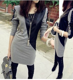 Free shopping 2013 spring female elegant all-match leather patchwork small long-sleeve dress