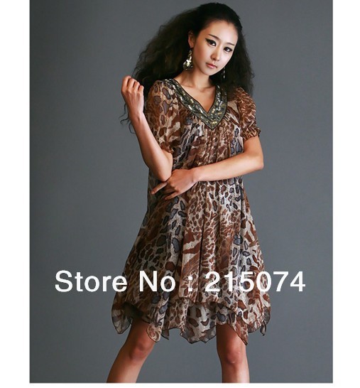 free shopping 2013 women fashion V collar beaded chiffon leopard grain dress size XL-XXXXL #1012