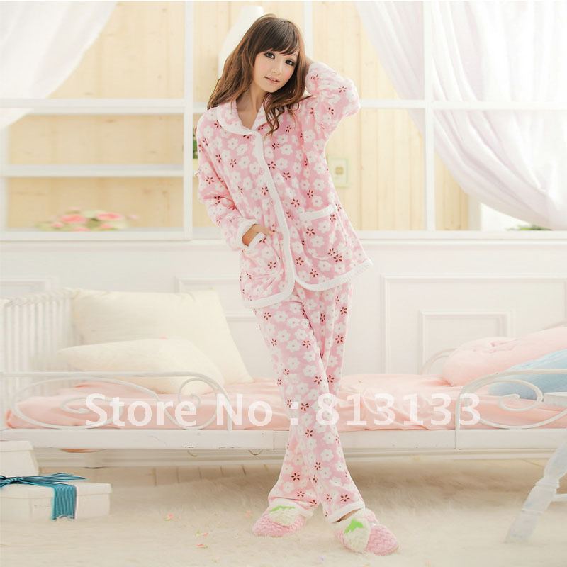 Free shopping! Coral fleece sleepwear autumn and winter lounge set sleepwear female