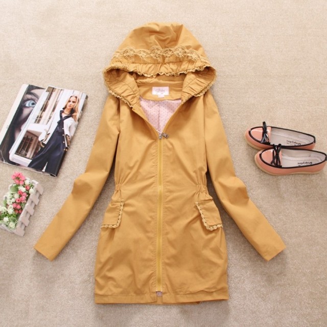 Free shopping D-32 female spring and autumn trench lace outerwear Women casual with a hood slim waist 0.45