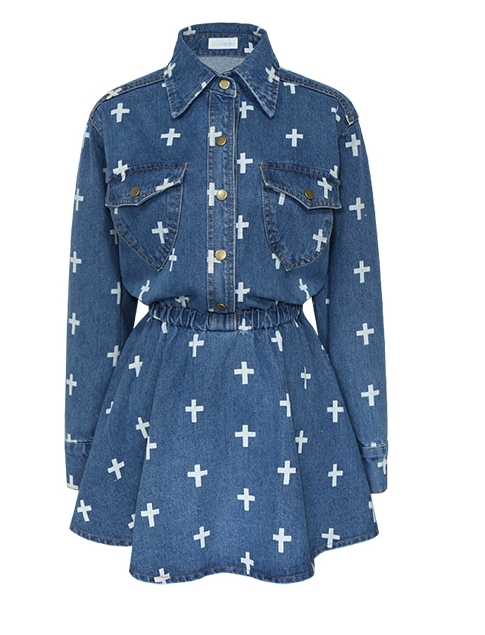 Free Shopping Fashion cross pattern denim long-sleeved dress. Casual dress.TB 2759